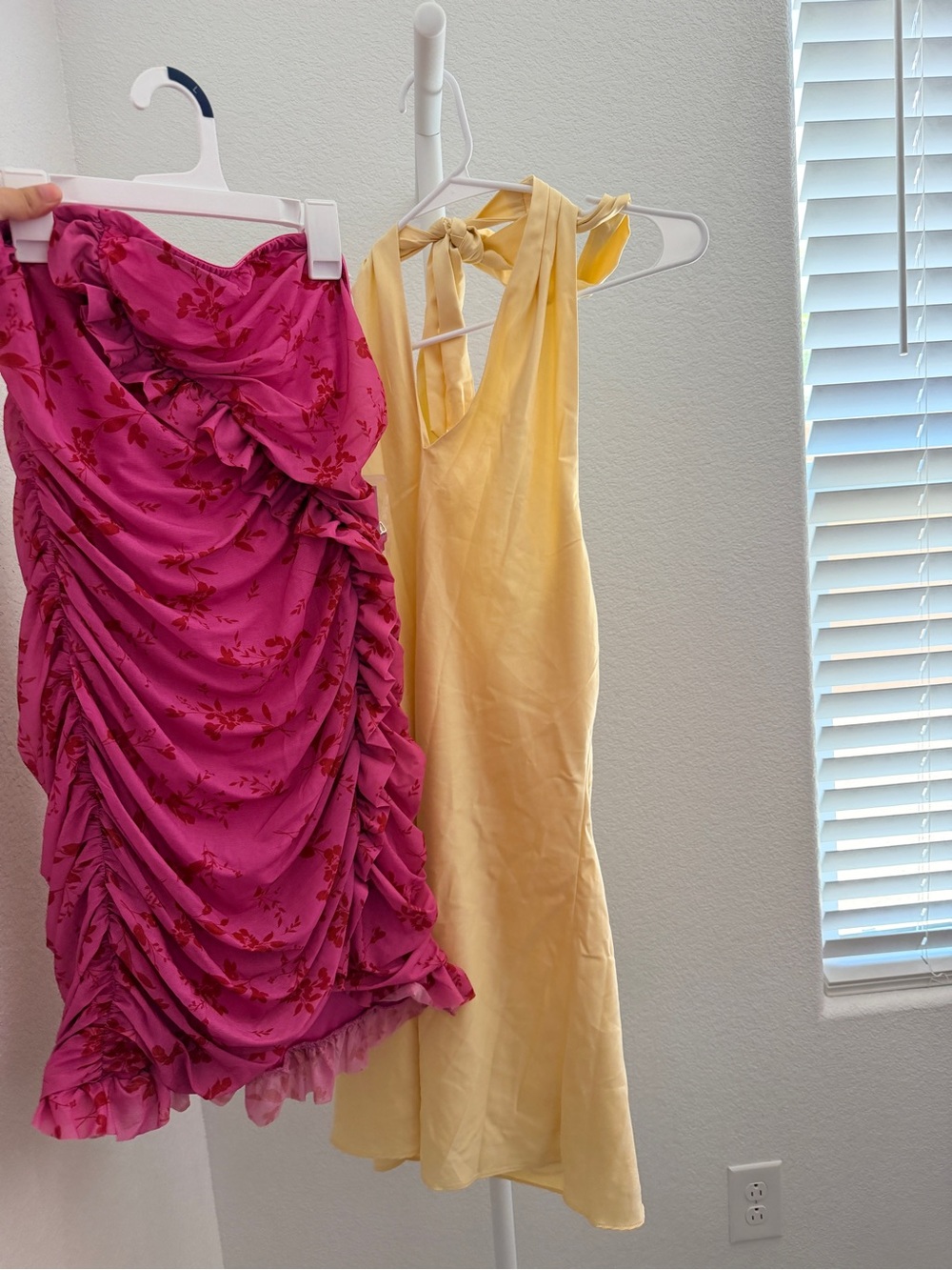 Pink Floral Ruched Mini Dress | Yellow Tie-Shoulder Slip Dress
